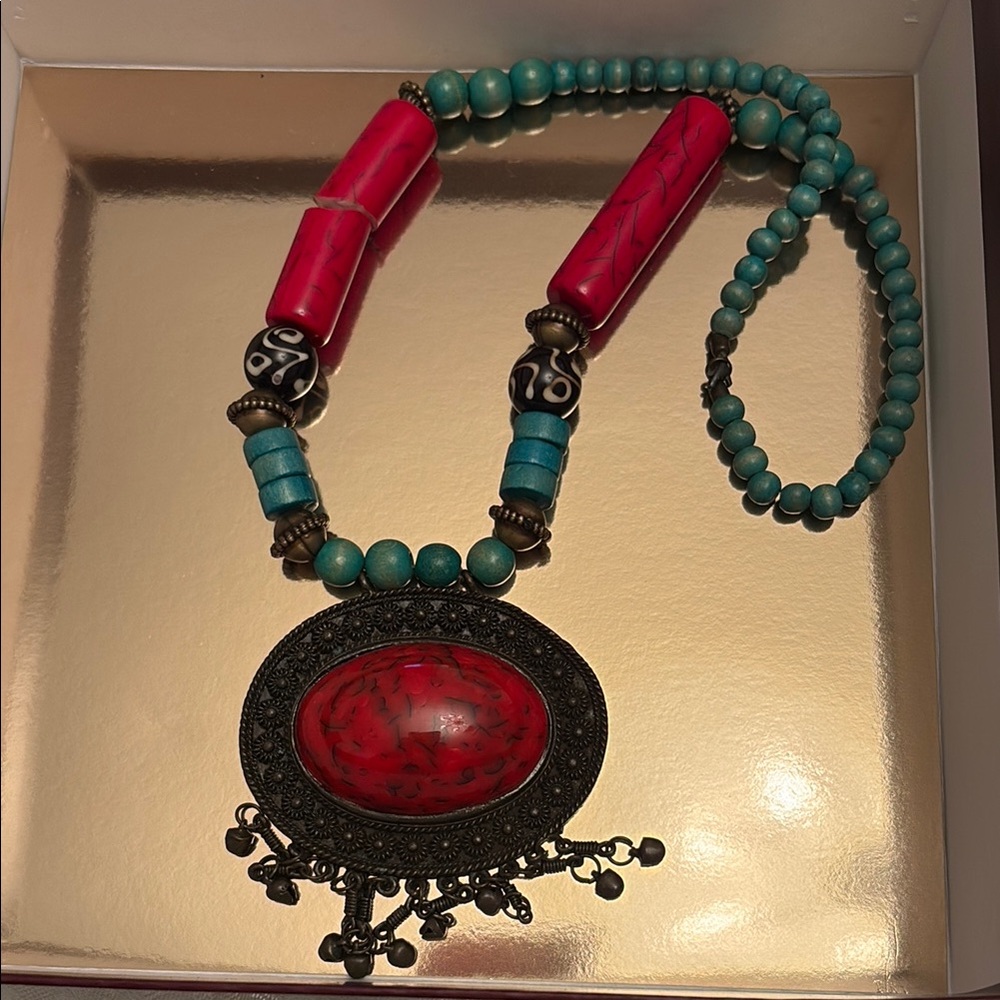 Turquoise and Red Beaded Necklace